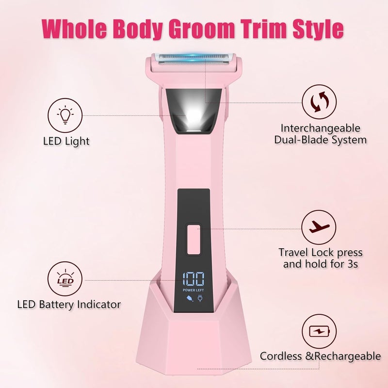 Bomic 2-in-1 Bikini Trimmer for Women - Electric Razor & Pubic Hair Shaver with LED Light & Display, IPX7 Waterproof, USB-C Fast Charge, Travel Lock, Ceramic Blades for Body/Underarm/Leg, Painless Grooming - Image 3